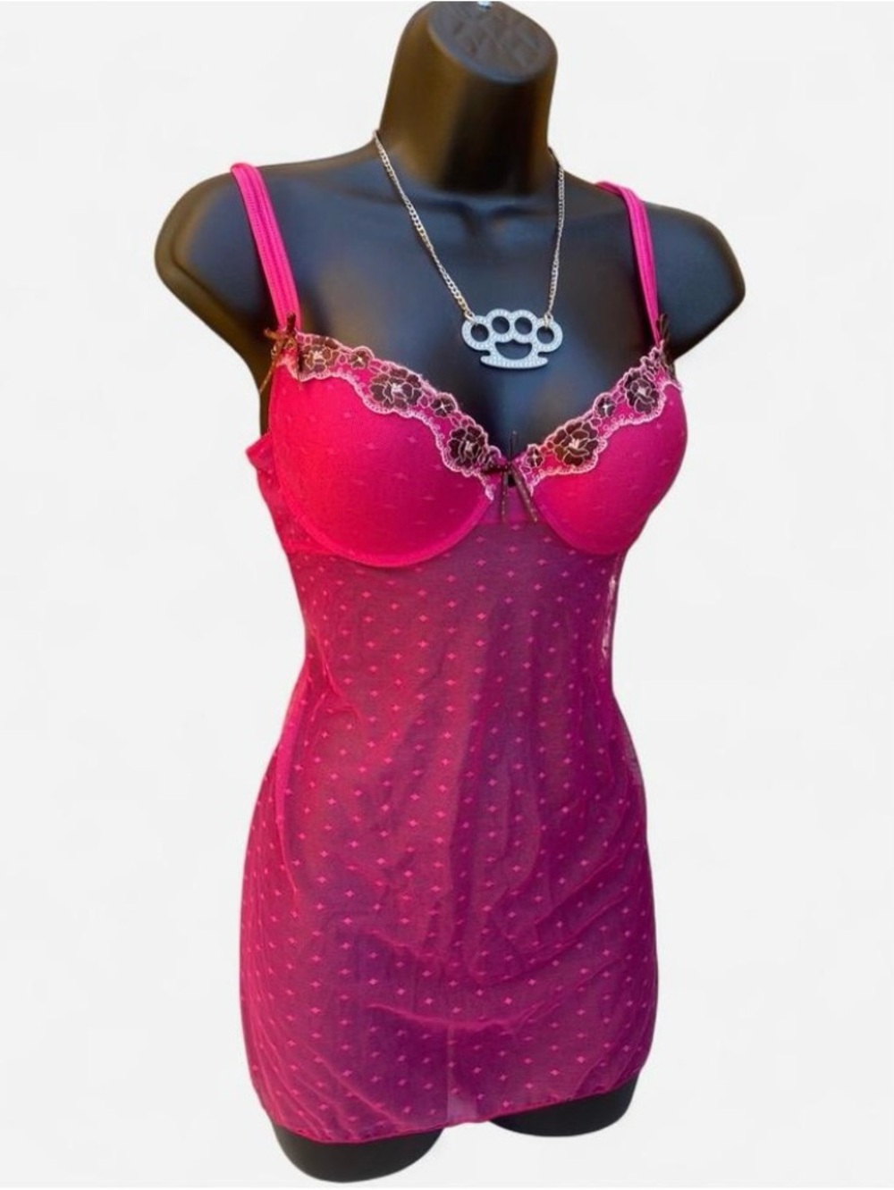Y2k Hot Pink Polka Dot & Chocolate Brown Lace Babydoll Lingerie Chemise Slip
